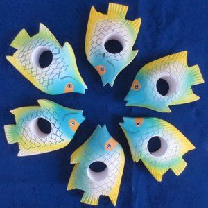 New Pier 1 Napkin Rings Set of 6 Bright Colorful Painted Carved Wood Fish